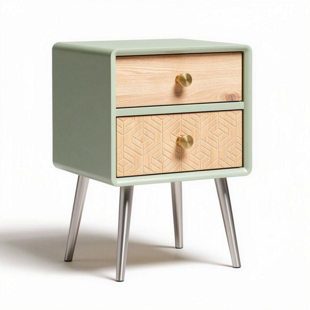 Criado-mudo moderno em madeira e metal verde com dois gavetas 40 x 40 x 50cm
