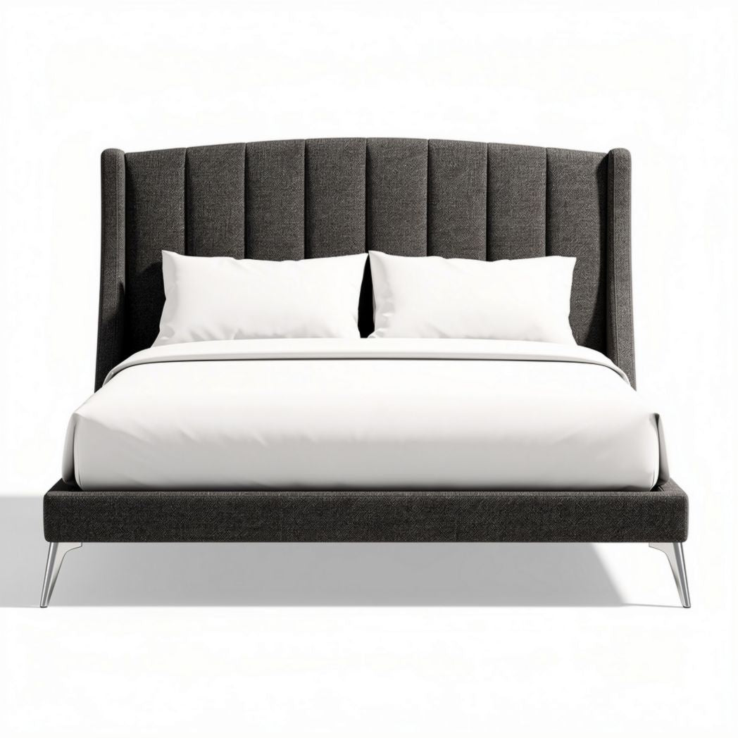 Cama de casal com cabeceira estofada em tecido cinza 200 x 160 x 100cm