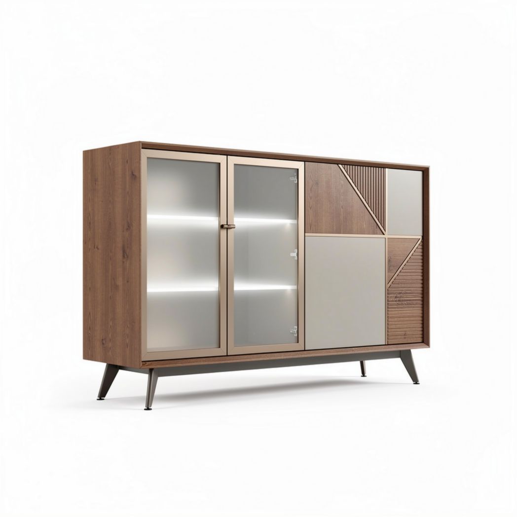 Buffet de madeira 150 x 45 x 90cm com portas em vidro e detalhes geométricos