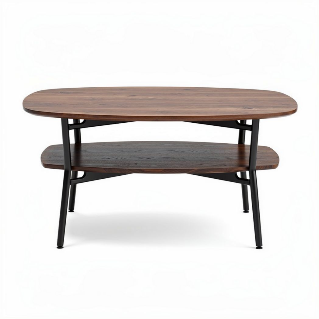 Mesa de centro ovalada em madeira de cerejeira e metal 120 x 60 x 45cm